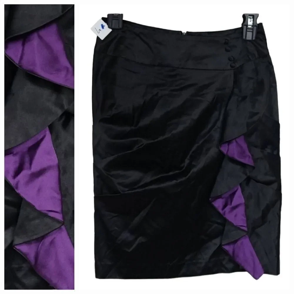 Miss Me Couture Black Satin Mini Skirt Small Ruffle Ruched Pencil Party Glam